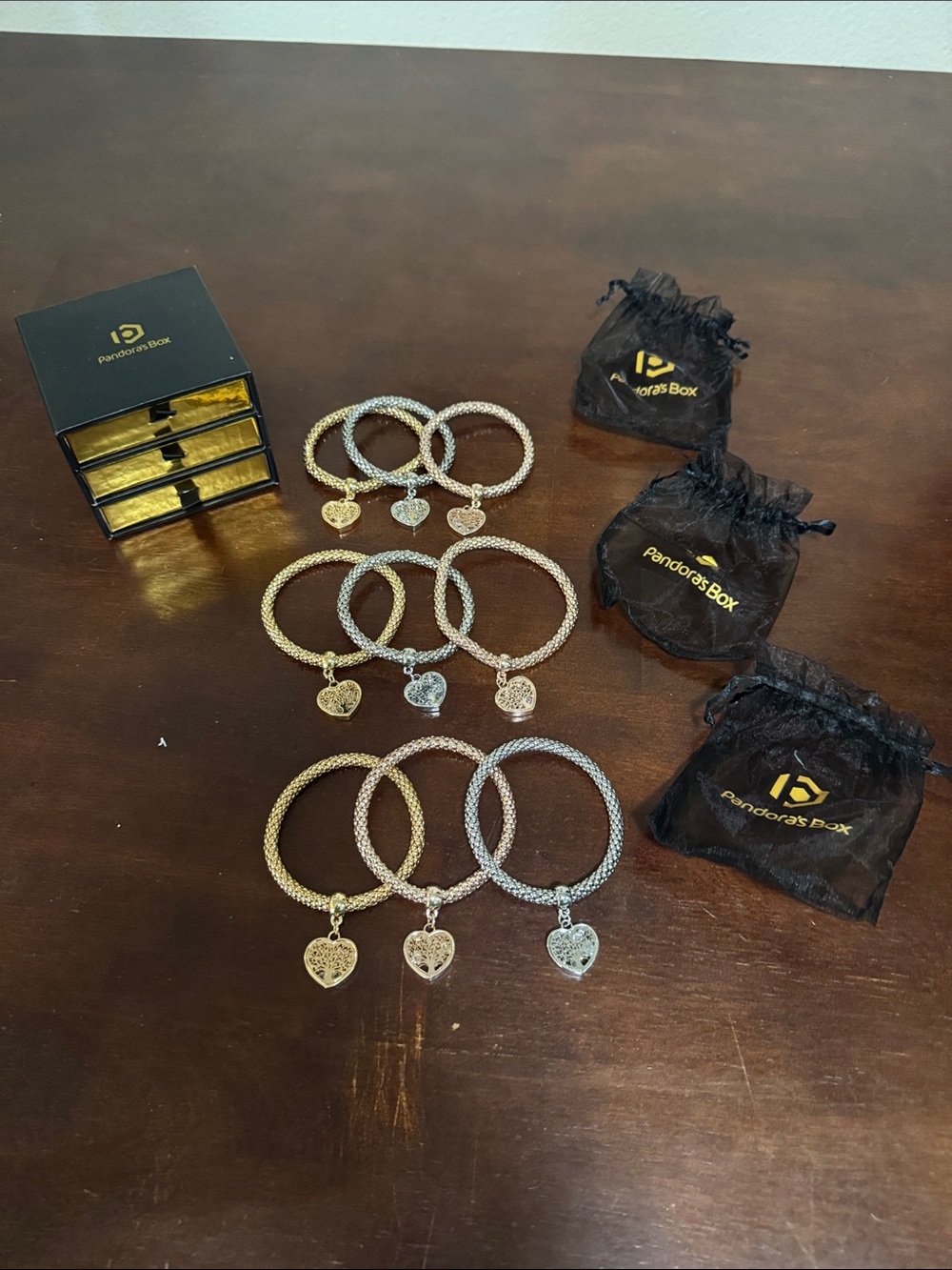 Pandora's Box Heart Charm Mesh Bracelets - Gold & Silver set of 3.